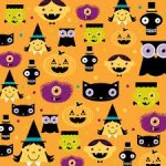 This is an image of halloween scrap book paper. It has owls, dressed up children and monsters on it, and is orange in color