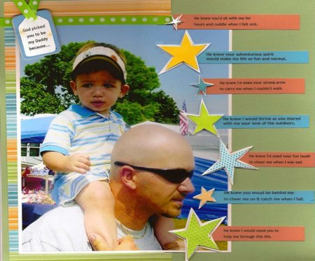 A page of a Family Scrap Book the give tribute to dad, picture of son sitting on dads shoulders