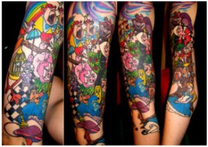 Colorful Alice In Wonderland Arm Tattoo