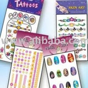 Temporary Stick on Tattoos. Apply with water. Remove with water.