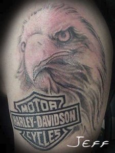 Really Nice Eagle Head Harley Davidson Motor Cycle Tattoo in Black and White