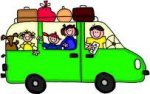 This is a cartoon image of a family going on a road trip even brought their family pet