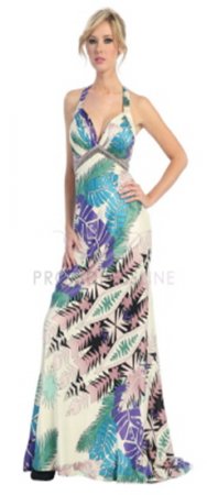 Multi Colored Palm Tree Leaves on White Vintage Inspired Prom Dress