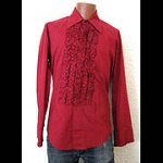 This is an image of a mens 1960s wine colored, ruffle button down dress shirt.