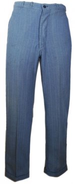 This is an image of a pair of button fly chalk stripe work pants, they are blue in color