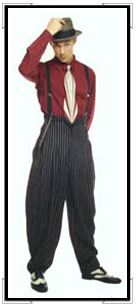 This is a 1940 pant suit outfit for a man. It has pinstripe pants and a red shirt, with a fedora for a hat.