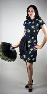 This is an image of a 1940 navy blue day dress