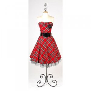 This is a 1950s style plaid swing dress with a black mesh underneaths of it.
