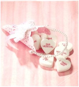 Little candy hearts with small wedding messages on them.