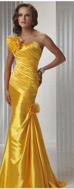 This is an image of a bright yellow wedding dress