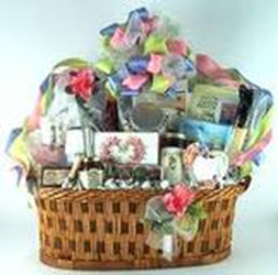 A gift basket with assorted wedding gifts