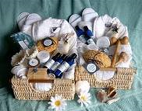 A full compliment of bath and shower items in a wedding gift basket
