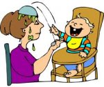 This is an image of a baby throwing his bowl of food on his moms head