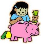 This is an image of a little girl saving her money in a piggy bank