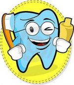 This is an image of a tooth holding a brush and paste happily