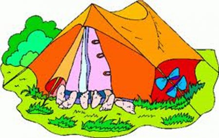 Cartoon image of Children inside camping tent with feet sticking out.