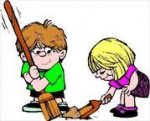 This is an image of children sweeping up dirt on to a dust pan.