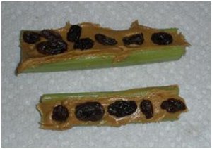 Ants on a Log, celery with peanut butter or cream cheese, and raisins