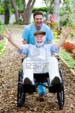 This is an image of an elderly man having a good time with his orderly.