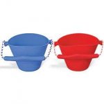 This is an image of a red and blue beach bucket that scrunch up for more room and no broken buckets, excellent summer beach toys!